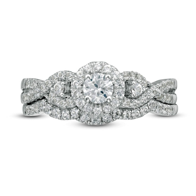 Lab-Created White Sapphire Frame Cascading Shank Bridal Engagement Ring Set in Sterling Silver