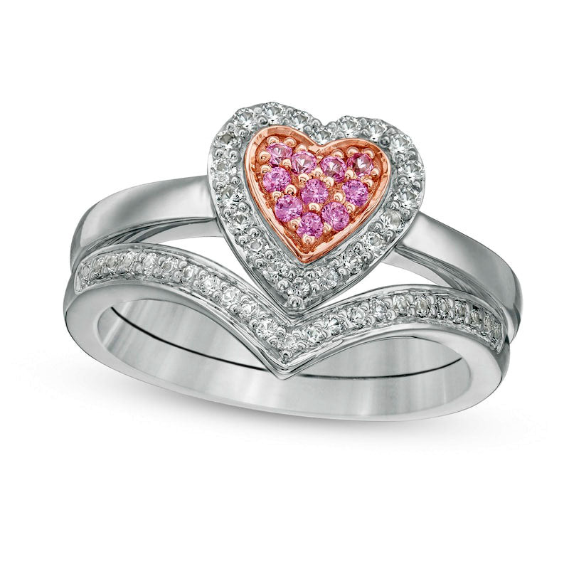 Composite Lab-Created Pink and White Sapphire Heart Frame Bridal Engagement Ring Set in Sterling Silver and Solid 10K Rose Gold