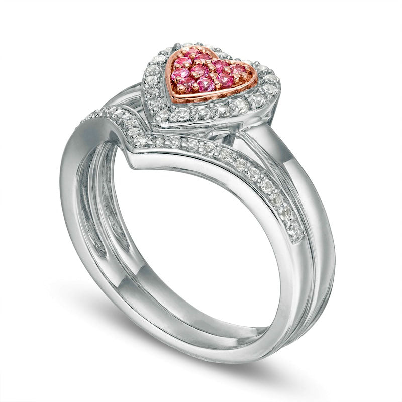 Composite Lab-Created Pink and White Sapphire Heart Frame Bridal Engagement Ring Set in Sterling Silver and Solid 10K Rose Gold