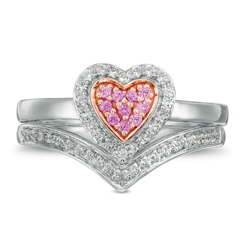 Composite Lab-Created Pink and White Sapphire Heart Frame Bridal Engagement Ring Set in Sterling Silver and Solid 10K Rose Gold