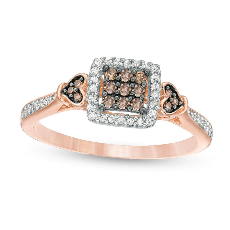 0.25 CT. T.W. Champagne and White Composite Natural Diamond Square Frame Heart-Sides Ring in Solid 10K Rose Gold