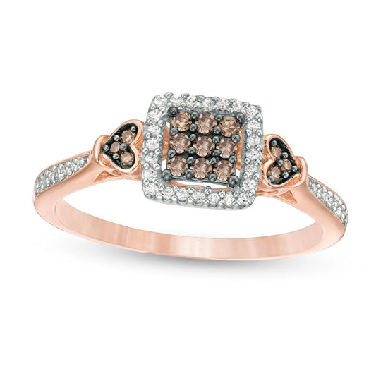 0.25 CT. T.W. Champagne and White Composite Natural Diamond Square Frame Heart-Sides Ring in Solid 10K Rose Gold