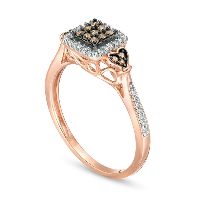 0.25 CT. T.W. Champagne and White Composite Natural Diamond Square Frame Heart-Sides Ring in Solid 10K Rose Gold