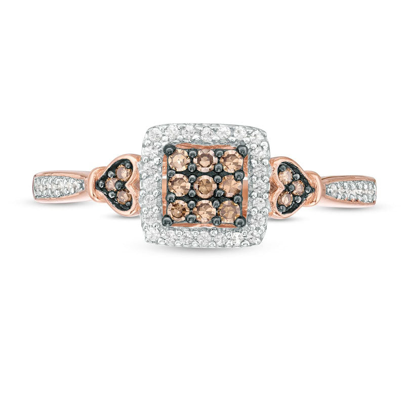 0.25 CT. T.W. Champagne and White Composite Natural Diamond Square Frame Heart-Sides Ring in Solid 10K Rose Gold