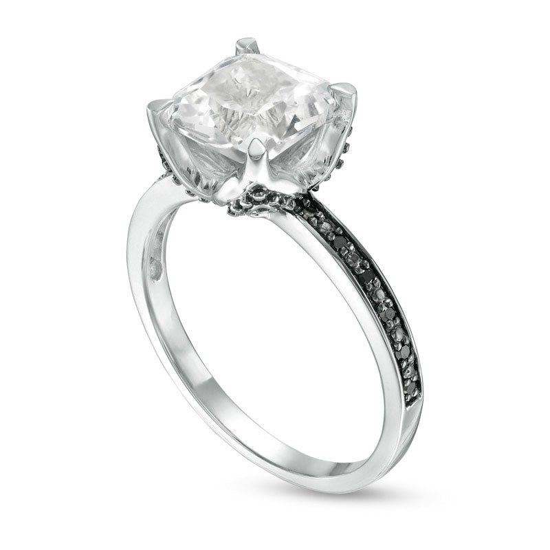 Cushion-Cut Lab-Created White Sapphire and 0.05 CT. T.W. Enhanced Black Diamond Flower Engagement Ring in Solid 10K White Gold