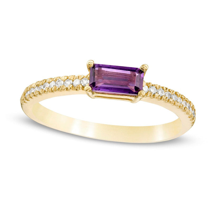 Sideways Baguette Amethyst and 0.10 CT. T.W. Natural Diamond Stackable Ring in Solid 10K Yellow Gold