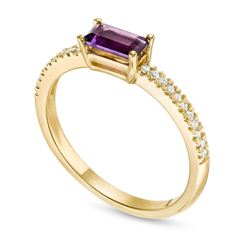 Sideways Baguette Amethyst and 0.10 CT. T.W. Natural Diamond Stackable Ring in Solid 10K Yellow Gold