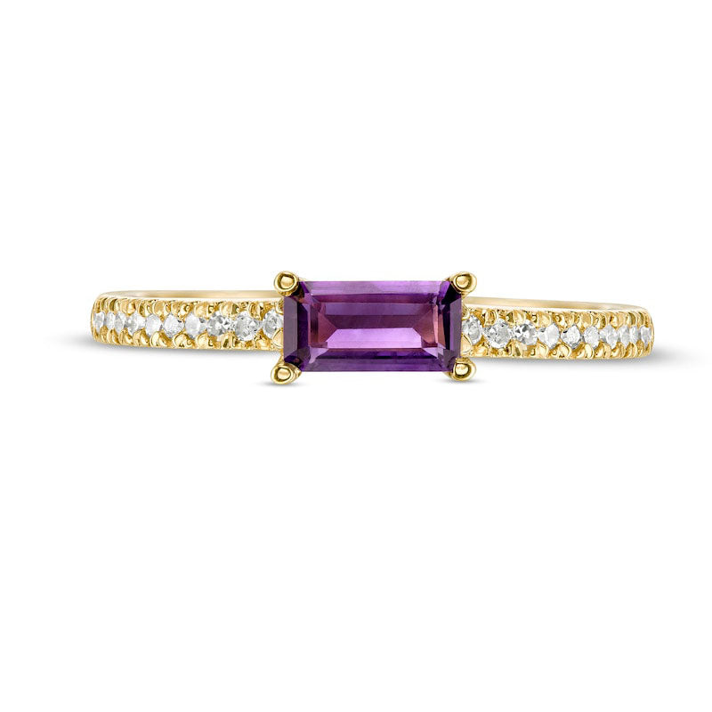 Sideways Baguette Amethyst and 0.10 CT. T.W. Natural Diamond Stackable Ring in Solid 10K Yellow Gold