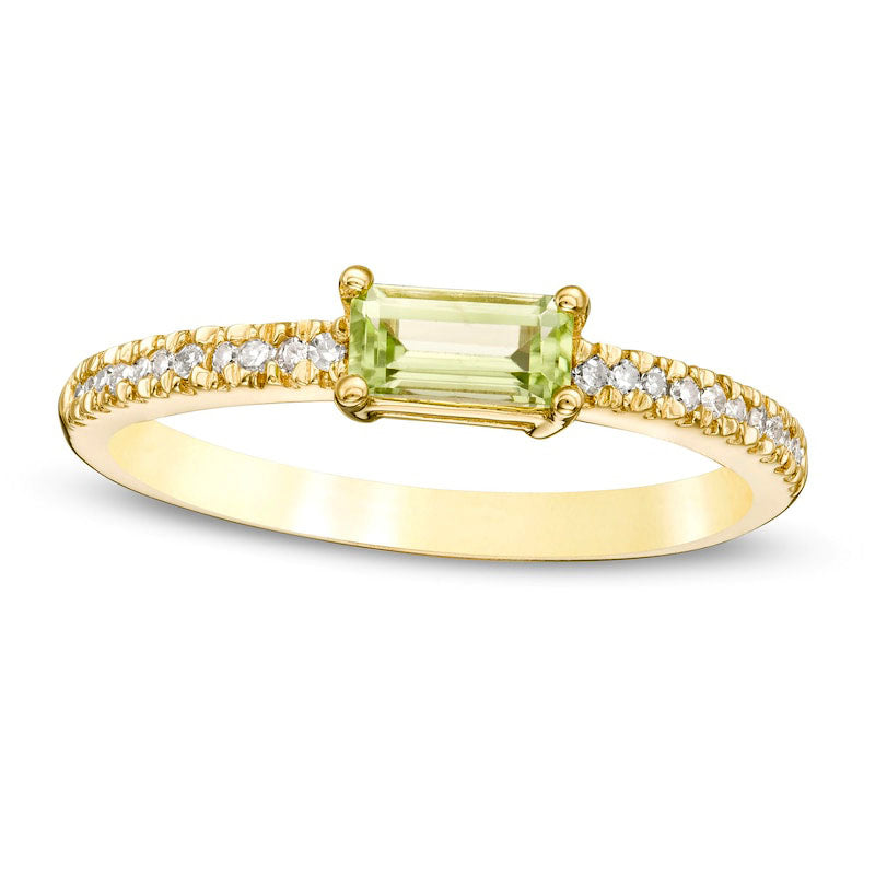 Sideways Baguette Peridot and 0.10 CT. T.W. Natural Diamond Stackable Ring in Solid 10K Yellow Gold