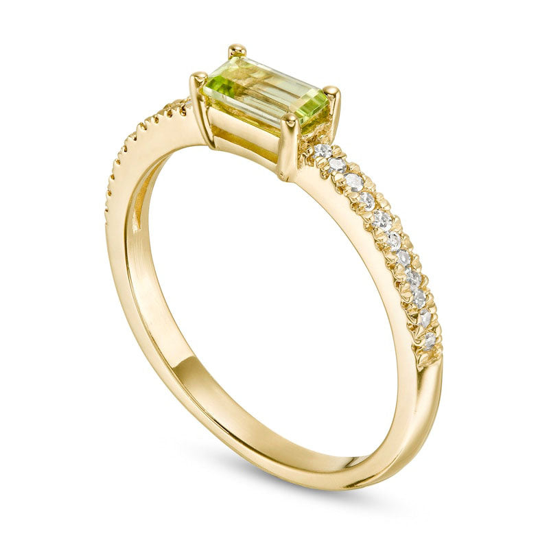 Sideways Baguette Peridot and 0.10 CT. T.W. Natural Diamond Stackable Ring in Solid 10K Yellow Gold