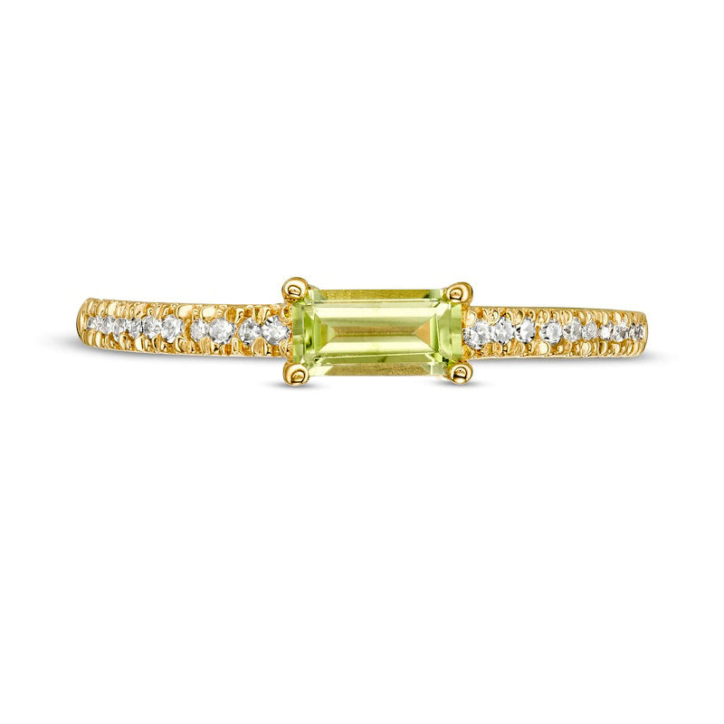 Sideways Baguette Peridot and 0.10 CT. T.W. Natural Diamond Stackable Ring in Solid 10K Yellow Gold