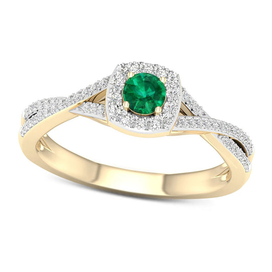 4.0mm Emerald and 0.25 CT. T.W. Natural Diamond Cushion Frame Crossover Shank Ring in Solid 10K Yellow Gold