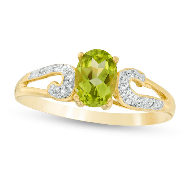 Oval Peridot and 0.05 CT. T.W. Natural Diamond Split Shank Scroll Ring in Solid 10K Yellow Gold