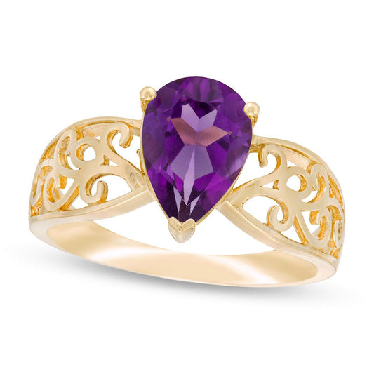 Pear-Shaped Amethyst Wide Filigree Ring in Solid 10K Yellow Gold