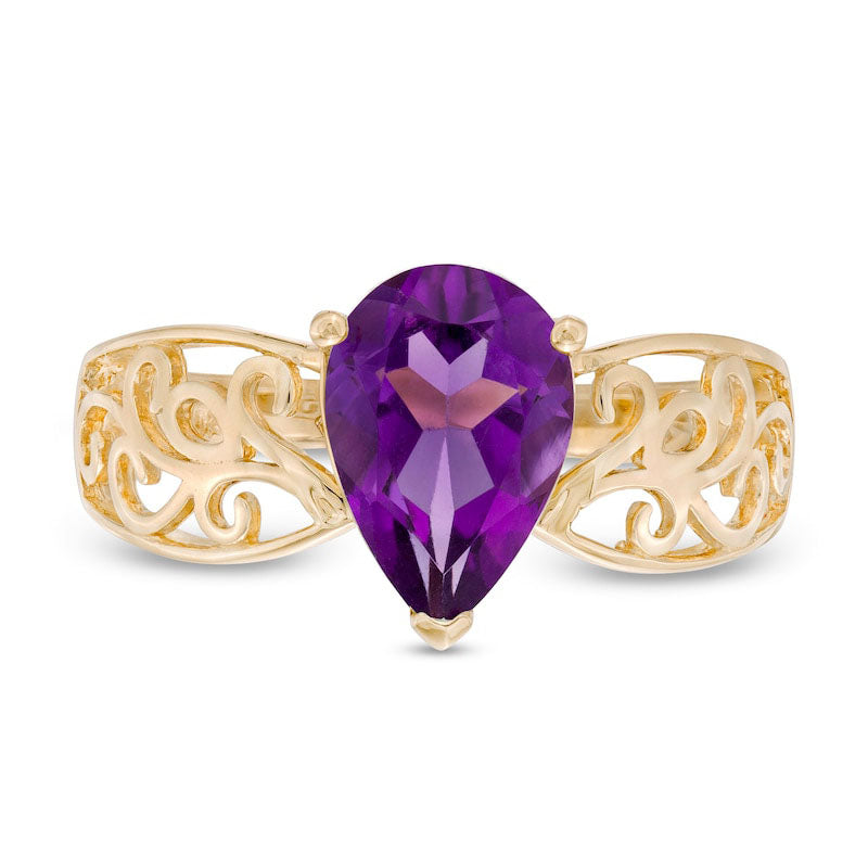 Pear-Shaped Amethyst Wide Filigree Ring in Solid 10K Yellow Gold