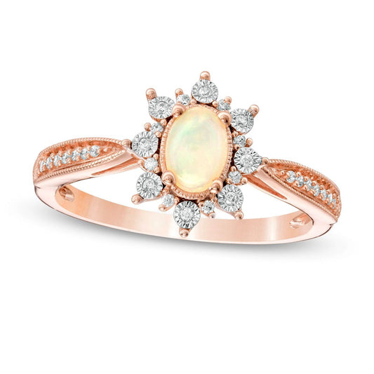 Oval Opal and 0.10 CT. T.W. Natural Diamond Sunburst Frame Antique Vintage-Style Tapered Shank Ring in Solid 10K Rose Gold