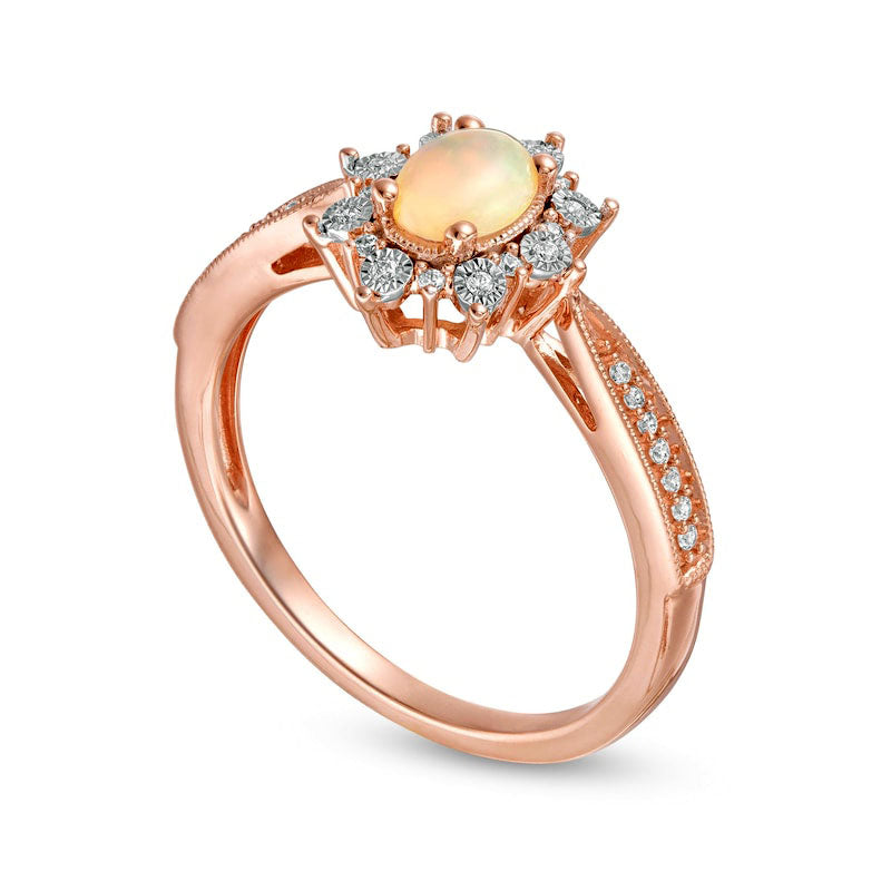 Oval Opal and 0.10 CT. T.W. Natural Diamond Sunburst Frame Antique Vintage-Style Tapered Shank Ring in Solid 10K Rose Gold