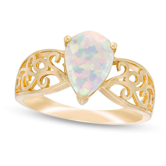 Pear-Shaped Lab-Created Opal Wide Filigree Ring in Solid 10K Yellow Gold