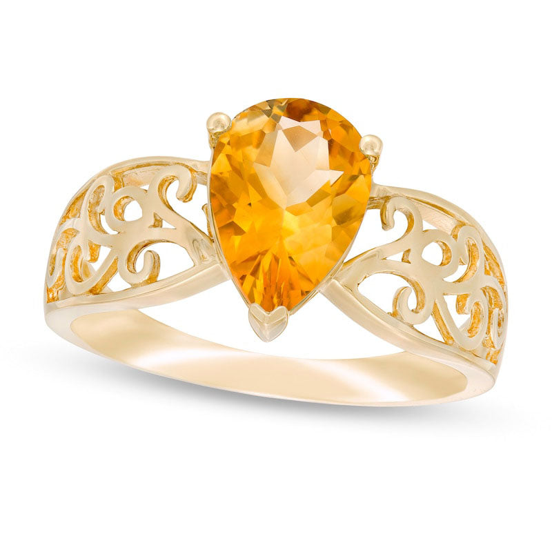 Pear-Shaped Citrine Wide Filigree Ring in Solid 10K Yellow Gold