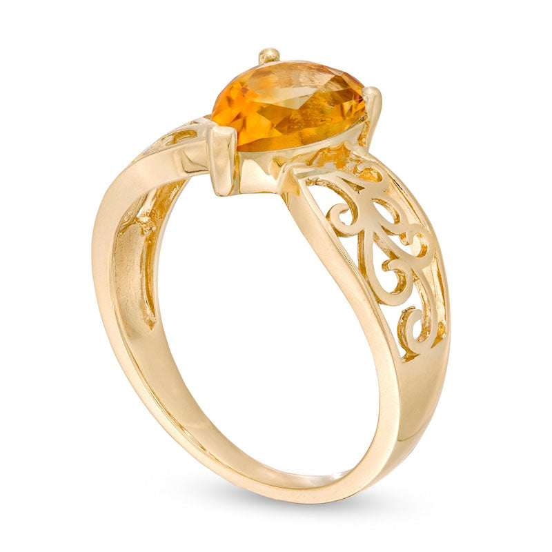 Pear-Shaped Citrine Wide Filigree Ring in Solid 10K Yellow Gold