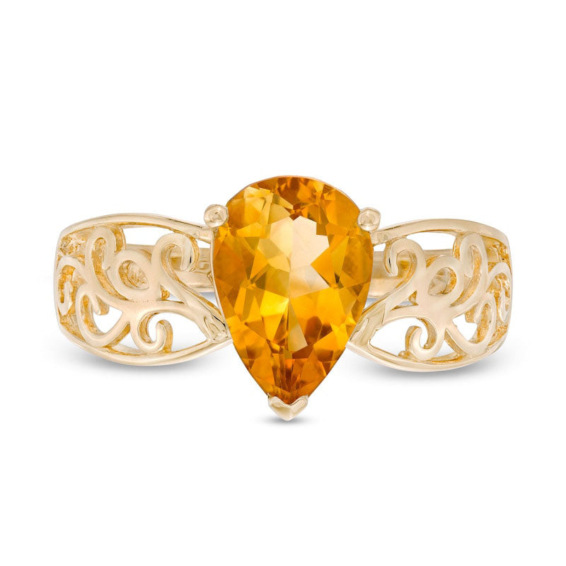 Pear-Shaped Citrine Wide Filigree Ring in Solid 10K Yellow Gold