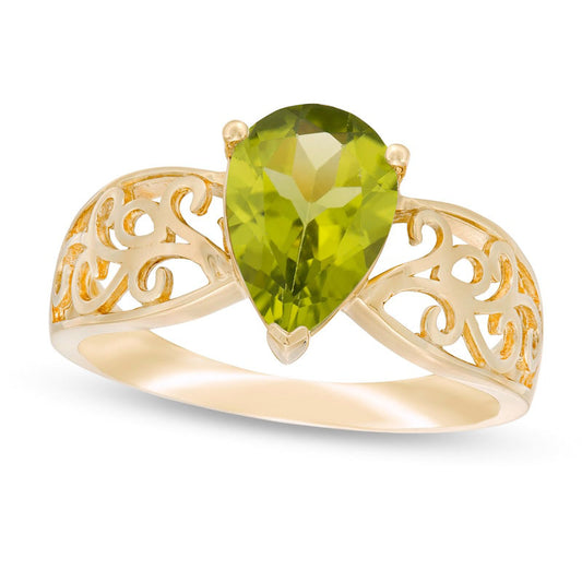 Pear-Shaped Peridot Wide Filigree Ring in Solid 10K Yellow Gold