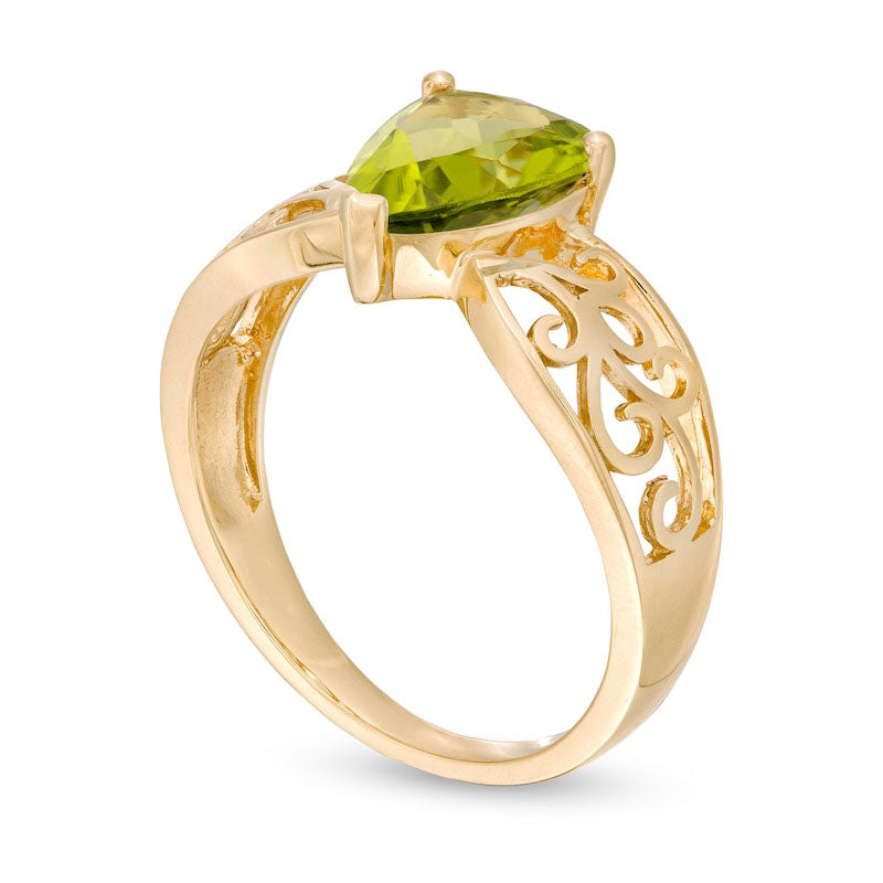 Pear-Shaped Peridot Wide Filigree Ring in Solid 10K Yellow Gold