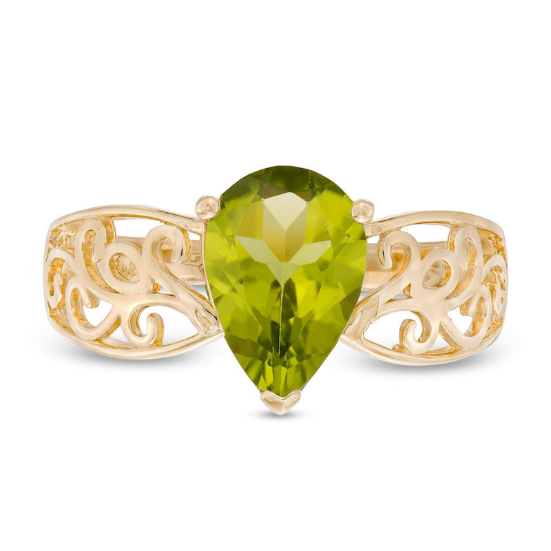 Pear-Shaped Peridot Wide Filigree Ring in Solid 10K Yellow Gold