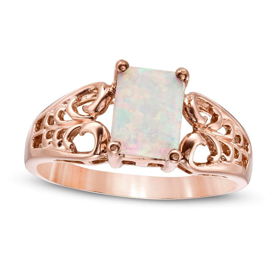 Emerald-Cut Lab-Created Opal Open Scroll Ring in Solid 10K Rose Gold