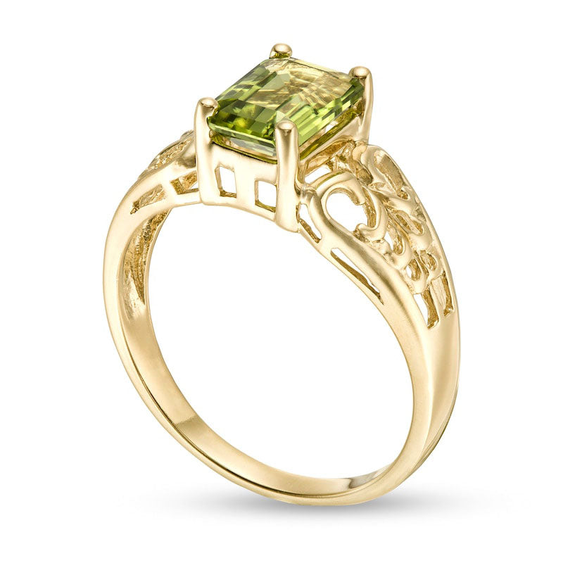 Emerald-Cut Peridot Solitaire Open Scroll Ring in Solid 10K Yellow Gold