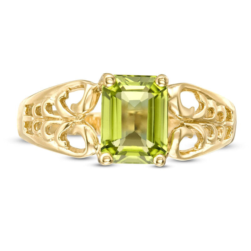 Emerald-Cut Peridot Solitaire Open Scroll Ring in Solid 10K Yellow Gold