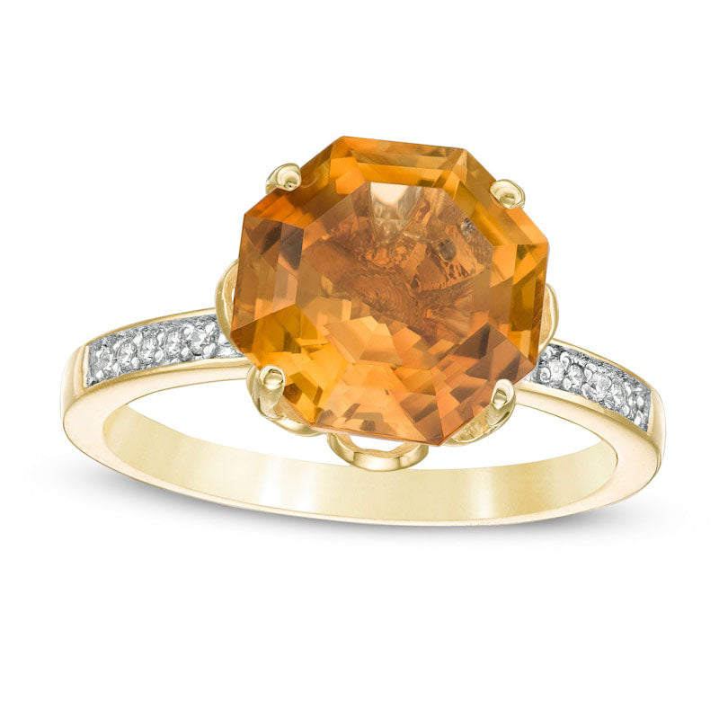 10.0mm Octagonal Citrine and 0.10 CT. T.W. Natural Diamond Flower Ring in Solid 10K Yellow Gold