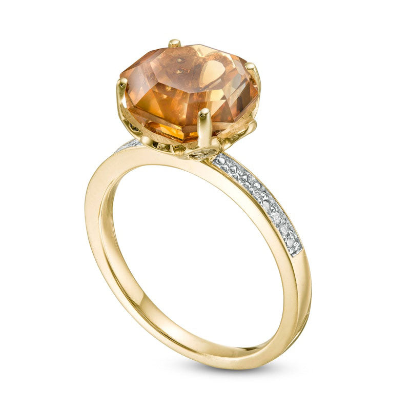 10.0mm Octagonal Citrine and 0.10 CT. T.W. Natural Diamond Flower Ring in Solid 10K Yellow Gold