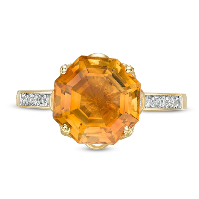 10.0mm Octagonal Citrine and 0.10 CT. T.W. Natural Diamond Flower Ring in Solid 10K Yellow Gold