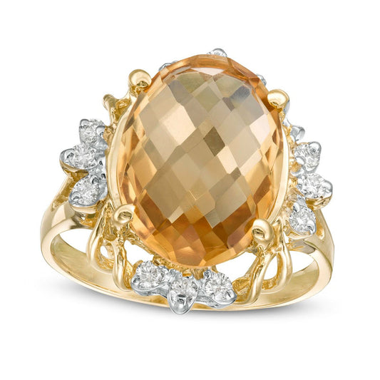 Oval Citrine and 0.20 CT. T.W. Natural Diamond Petal Frame Ring in Solid 10K Yellow Gold