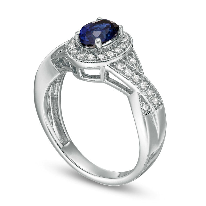 Oval Lab-Created Blue Sapphire and 0.20 CT. T.W. Diamond Criss-Cross Antique Vintage-Style Ring in Solid 10K White Gold