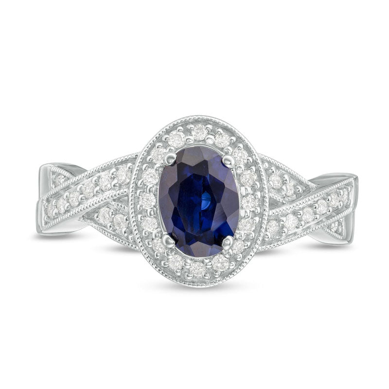 Oval Lab-Created Blue Sapphire and 0.20 CT. T.W. Diamond Criss-Cross Antique Vintage-Style Ring in Solid 10K White Gold