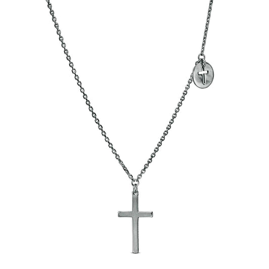 Double Cross with Offset Mini Cut-Out Disc Charm Necklace in 14K White Gold