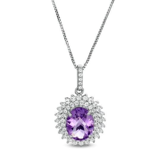 Oval Amethyst and White Topaz Starburst Double Frame Pendant in Sterling Silver