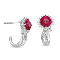 5.0mm Cushion-Cut Lab-Created Ruby and 0.13 CT. T.W. Diamond Starburst Frame J-Hoop Earrings in Sterling Silver