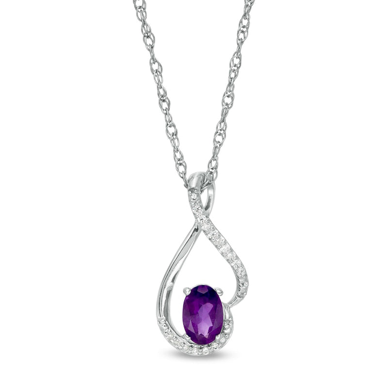 Oval Amethyst and 0.05 CT. T.W. Natural Diamond Teardrop Pendant in 10K White Gold