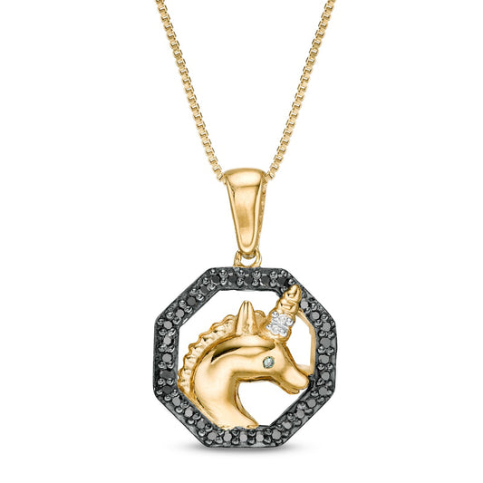 0.13 CT. T.W. Enhanced Black, Blue, and White Natural Diamond Unicorn Head Pendant in Sterling Silver with 14K Gold Plate