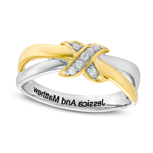 0.05 CT. T.W. Natural Diamond "X" Engravable Crossover Split Shank Promise Ring in Sterling Silver and Solid 10K Yellow Gold (1 Line)