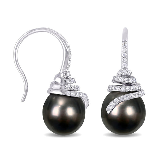 10.0-10.5mm Baroque Black Cultured Tahitian Pearl and 0.33 CT. T.W. Diamond Coil Drop Earrings in 14K White Gold