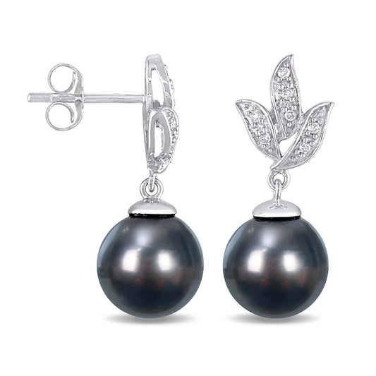 9.0-9.5mm Black Cultured Tahitian Pearl and 0.07 CT. T.W. Diamond Leaf Drop Earrings in 10K White Gold