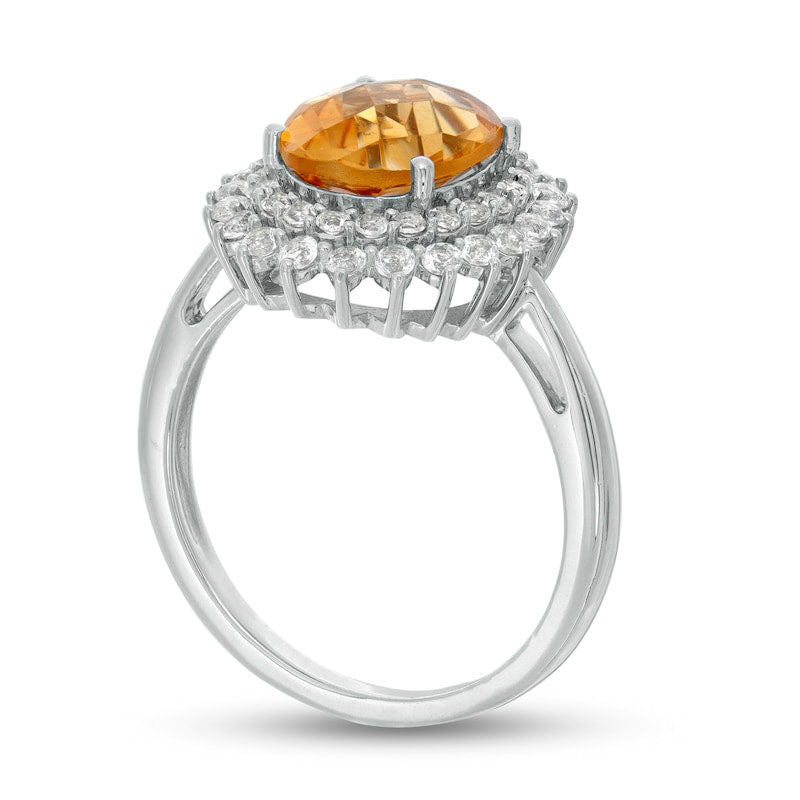 Oval Citrine and White Topaz Starburst Double Frame Ring in Sterling Silver