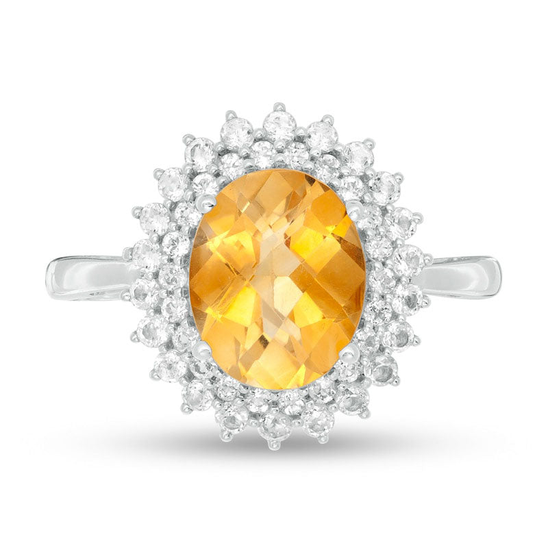 Oval Citrine and White Topaz Starburst Double Frame Ring in Sterling Silver