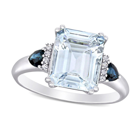 Emerald-Cut Aquamarine, Trillion-Cut Blue Sapphire and 0.05 CT. T.W. Natural Diamond Collar Ring in Sterling Silver