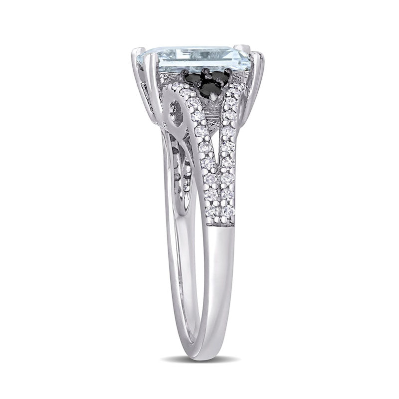 Emerald-Cut Aquamarine and 0.38 CT. T.W. Enhanced Black and White Natural Diamond Split Shank Ring in Sterling Silver