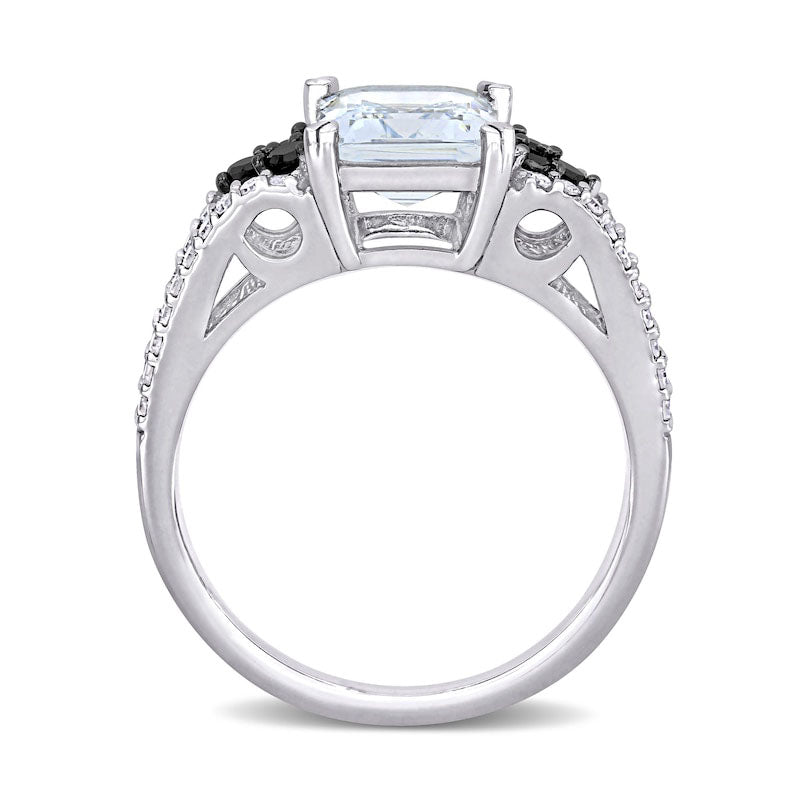 Emerald-Cut Aquamarine and 0.38 CT. T.W. Enhanced Black and White Natural Diamond Split Shank Ring in Sterling Silver